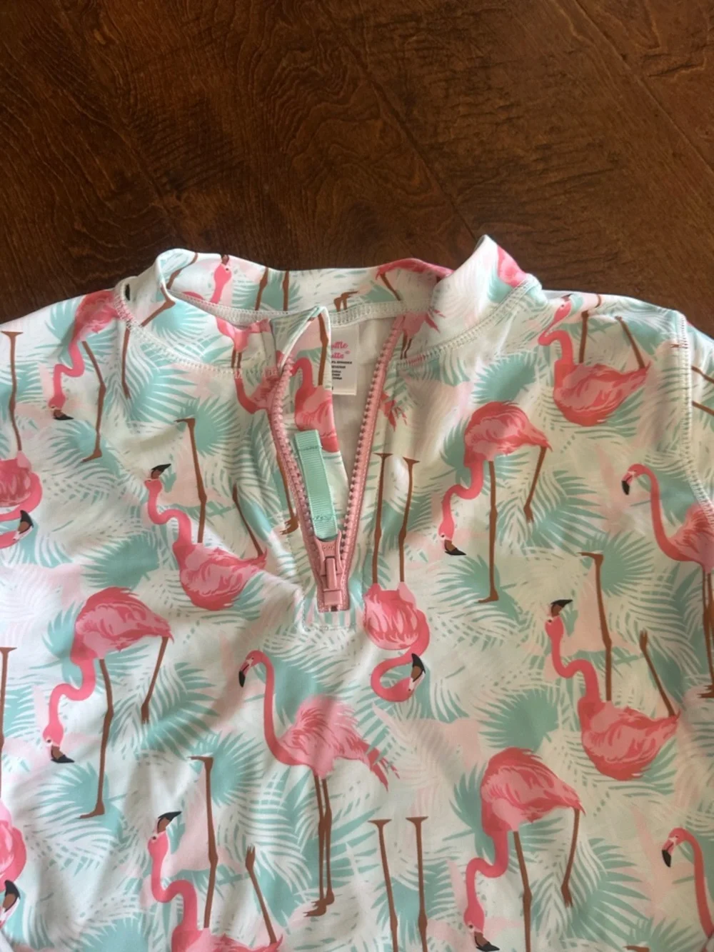 Ruffle Butts Pink Flamingo Long Sleeve Rash Guard Swim Top